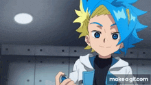 a boy with blue hair and yellow hair is smiling and holding a blue object .