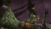 a cartoon of a boy with a surprised look on his face standing next to a tree