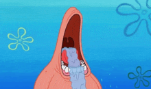 patrick star from spongebob squarepants is crying with his mouth open and water pouring out of it .