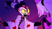a cartoon character with horns is standing next to a purple monster