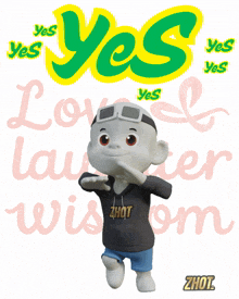 a cartoon character is standing in front of a yes sign