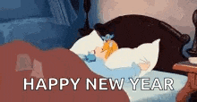 a cartoon of cinderella sleeping on a bed with the words `` happy new year '' written on it .