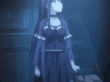 a girl with long blue hair is wearing a black dress