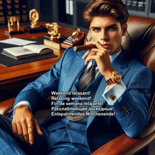 a man in a suit sits in a chair with a cigar in his mouth