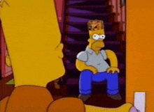 a cartoon of homer simpson sitting in front of a staircase