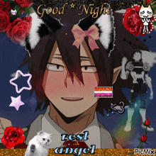 a picture of a boy with cat ears and the words " good night rest angel "