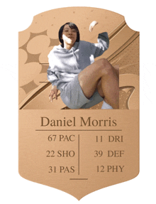 a card with a picture of daniel morris and his stats