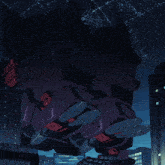 a large purple robot is flying over a city