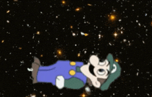a cartoon squidward from spongebob squarepants is standing in space with tears in his eyes .