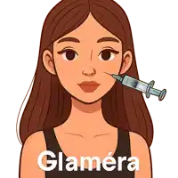 a cartoon of a woman with a syringe in her face and the word glamera underneath