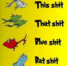 a yellow poster with fish and the words this shit that shit blue shit and bat shit