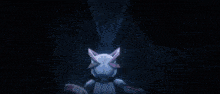 a robot with pink lights on its back is flying through the air .