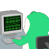 a green cartoon character is sitting in front of a computer monitor