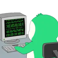 a green cartoon character is sitting in front of a computer monitor