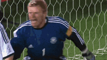 a soccer goalie wearing a blue jersey with the number 1 on it