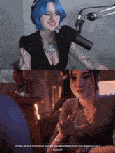 a woman with blue hair is talking to another woman with black hair