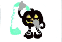a cartoon drawing of a pumpkin holding a torch