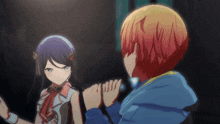 a boy and a girl are holding hands in an anime scene