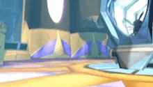 a computer generated image of a room with a purple and yellow carpet and a clock .