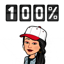 a cartoon woman wearing a baseball cap and earrings stands in front of a sign that says 100 %