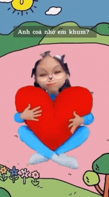 a cartoon of a girl holding a red heart with the words anh coa nho em khum