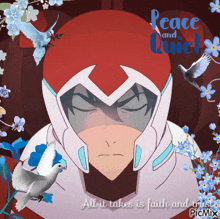 a peace and quiet poster with a man in a helmet and doves