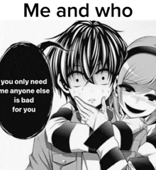 a black and white drawing of a girl and a boy with the caption me and who