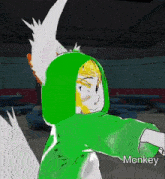 a cartoon of a monkey with a green hood