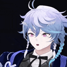 a close up of a person 's face with blue hair and a bow tie
