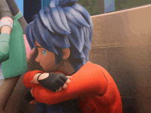 a cartoon character with blue hair and a red jacket is hugging someone