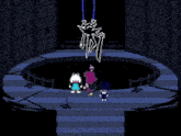a couple of people are standing in front of a blue waterfall in a video game .