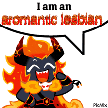 a cartoon character with horns and a skull says i am an aromantic lesbian