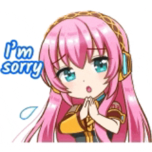 a sticker of a girl with pink hair and headphones saying i 'm sorry .