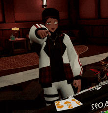 a man in a video game is standing in front of a table that says spo.8 on it
