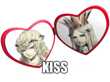 a heart shaped mirror with a picture of a man with horns and the word kiss on the bottom