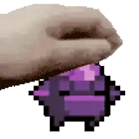 a pixel art of a hand holding a purple item