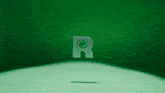 a green letter r with a swirl on it on a green background