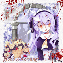 a picture of a maid with blood on her face and the words good morning on the bottom