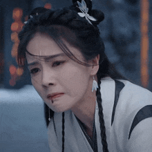 a close up of a woman 's face with a tear running down her cheek