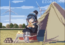 yuru camp animation pixelated cute girl eating