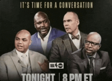 four men in suits and ties are on a poster that says it 's time for a conversation tonight at 8pm et
