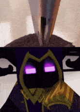 a cartoon character with purple eyes is standing next to a cake