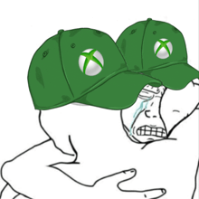 a drawing of a man wearing a green hat with an xbox logo on it