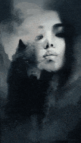 a painting of a woman with a wolf in the background