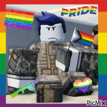 a picture of a soldier with a rainbow flag and the word pride on the bottom