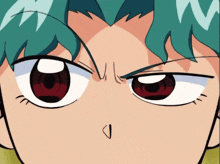 a close up of a cartoon character 's face with red eyes and a s on his nose