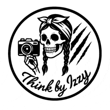 a black and white logo for think by izzy shows a skull with braids holding a camera