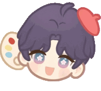 a drawing of a person with purple hair and a red beret