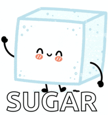 a cartoon illustration of a sugar cube with arms and legs and the word sugar below it