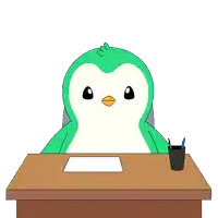 a green penguin sits at a desk with a piece of paper and a pen